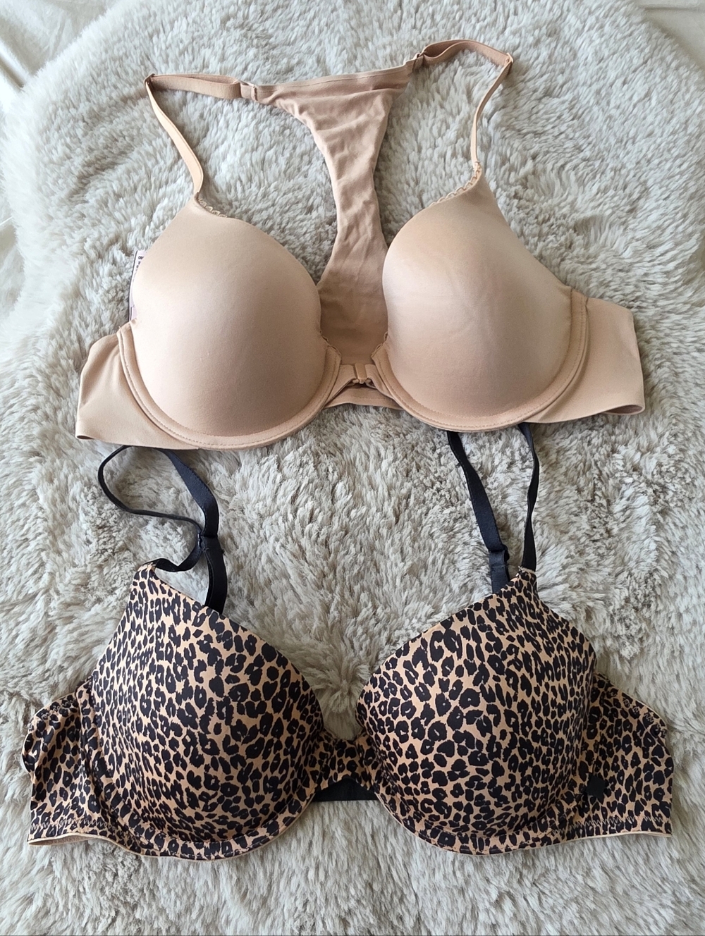 2 Victoria’s Secret 36B Bras, Lightly Lined, Nude & Leopard